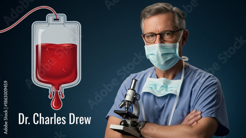 Dr. Charles Drew, Medical Researcher with Blood Bag and Microscope, Healthcare Professional in Surgical Mask