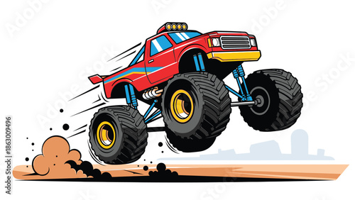 High-Flying Red Monster Truck Jumping Off-Road Adventure Cartoon Illustration with Dust and Speed Trails