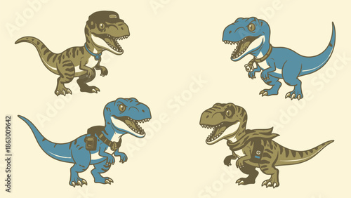 Cute Baby T-Rex Dinosaurs with Adventure Gear Illustration. Adorable Cartoon Tyrannosaurus Rex Characters in Harnesses, Playful Dino Pets Vector Art on a Light Background.