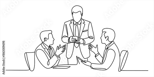 Three businessmen in a meeting, discussing and planning. Vector, illustration