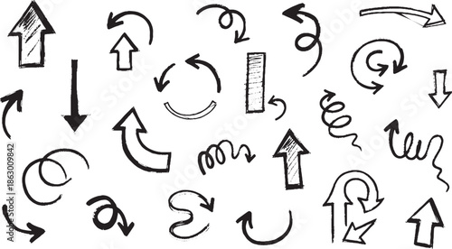 Collection of Hand Drawn Arrows and Symbols in Black and White.