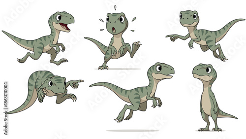 Cute Cartoon Baby Raptor Dinosaur Character Poses Set. Adorable Young Velociraptor Mascot in Different Actions and Expressions.