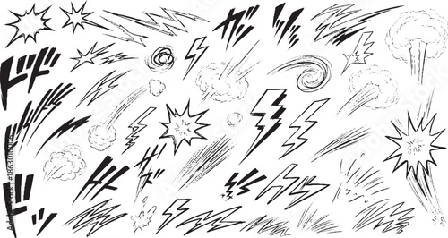 Dynamic Manga Comic Elements Set with Speed Lines and Explosions.