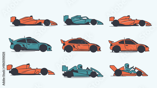 Collection of diverse racing car illustrations in various styles and colors