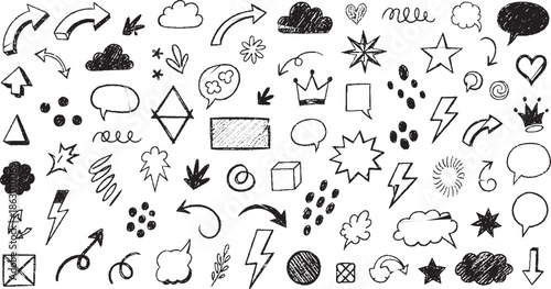 Hand drawn doodle elements collection with arrows stars and speech bubbles.