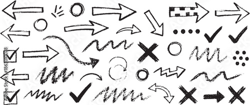 Handdrawn doodle arrows checkmarks and crosses collection.