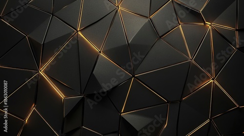 Abstract geometric black surface with gold-lit polygonal facets creating a modern, stylish, and futuristic 3D textured pattern.