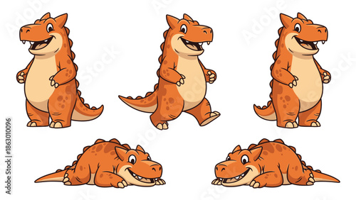 Cute Orange Cartoon Dinosaur Character in Various Poses: Standing, Walking, and Lying Down, Isolated Vector Illustration