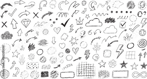 Handdrawn doodle collection of arrows shapes and symbols.