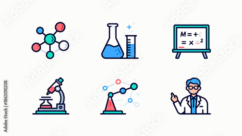 Six colorful science icons on white background
