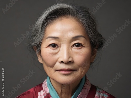 Portrait of a 65 year old elegant woman of Asian appearance on a dark background