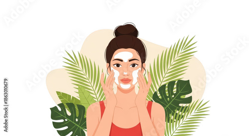 Woman applying face cream with green leaves in background isolated on transparent background