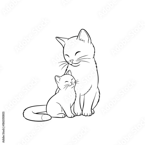 Vector outline illustration of a large cat tenderly nuzzling a smaller cat, both with gentle expressions, against a clean white background with a soothing monochromatic color scheme.