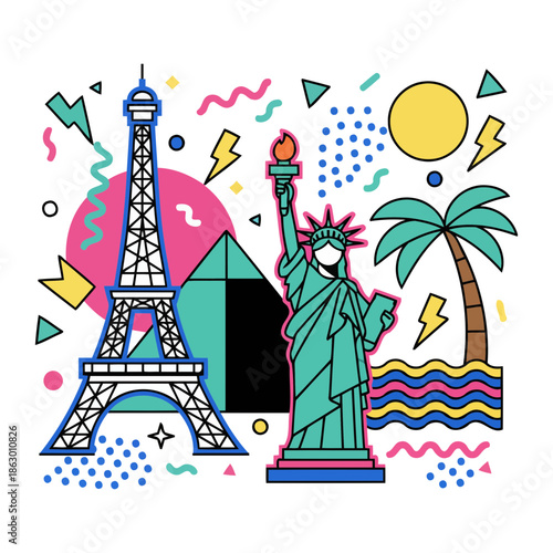 90s Memphis Style World Landmarks Vector Illustration Featuring Eiffel Tower Pyramid Statue of Liberty and Tropical Beach