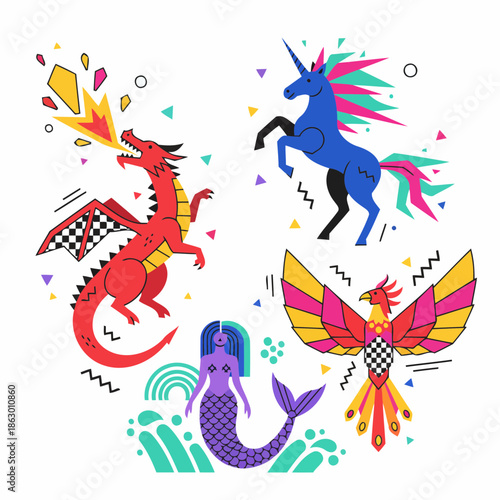 90s Memphis Style Fantasy Creatures Collection featuring Dragon Unicorn Mermaid and Phoenix with Geometric Shapes and Vibrant Pop Colors Flat Vector Illustration