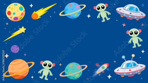 Cartoon space scene with aliens planets and stars