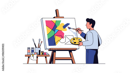 Man Painting on an Easel Canvas.