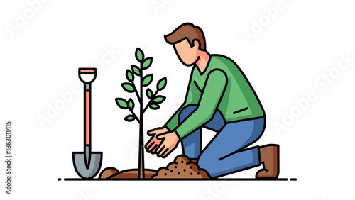 Man Planting a Small Tree Sapling.