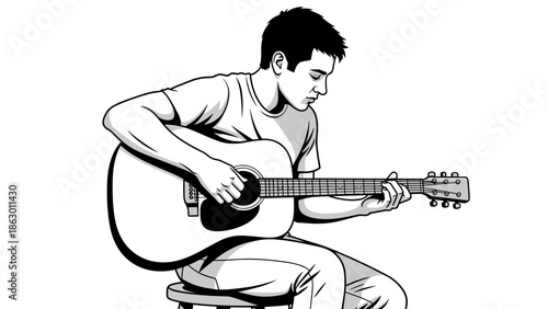 Man Playing Acoustic Guitar Sitting Down.