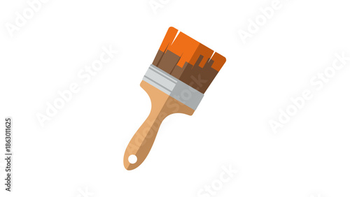 Paintbrush with Orange Bristles and Wooden Handle.
