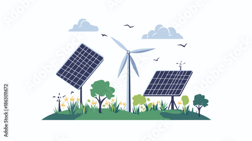 Renewable Energy Sources with Solar Panels and Wind Turbine.