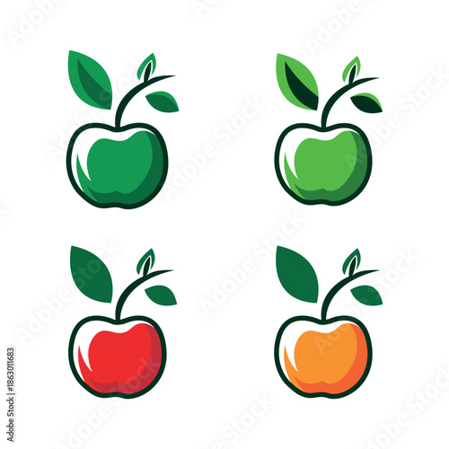Collection of vibrant stylized apple icons with leaves, representing fresh organic produce, healthy eating, and natural growth through a modern graphic design approach
