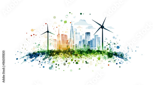 Watercolor Illustration of Wind Turbines and Cityscape.