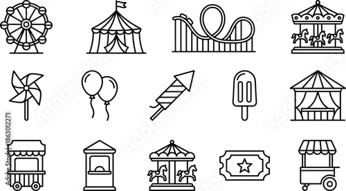 Carnival icons collection, amusement park elements, fun fair line art, festival attractions outline set, circus rides and games illustrations