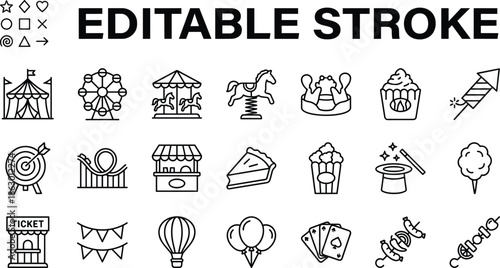Carnival line icons set, amusement park outline symbols, festival attractions illustration, editable stroke vector, fun fair elements, black and white design