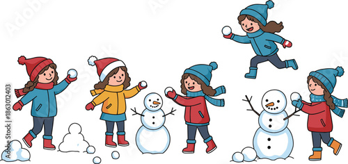 Children playing in snow, winter fun, snowball fight, building snowmen, outdoor activity, seasonal joy, cartoon kids, cold weather, festive scene, happy childhood moments