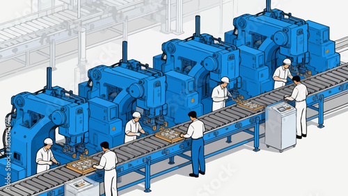 Factory workers operating machinery on assembly line