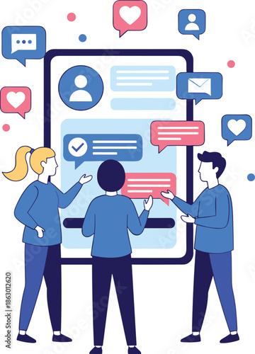 Social, media, communication, concept, people, chatting, online, messaging, teamwork, digital, interaction, smartphone, interface, illustration, network, discussion, collaboration, technology