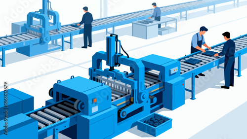 Factory workers operating assembly line machinery