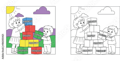 Children Stacking Blocks: Kindness, Bravery, Learning, Creativity, Friendship Values