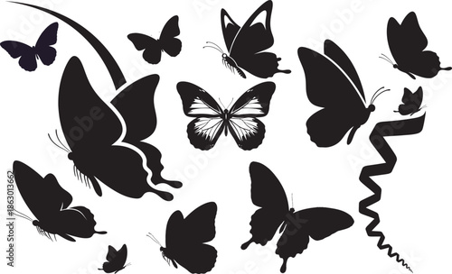 Silhouette of multiple butterflies isolated on transparent background