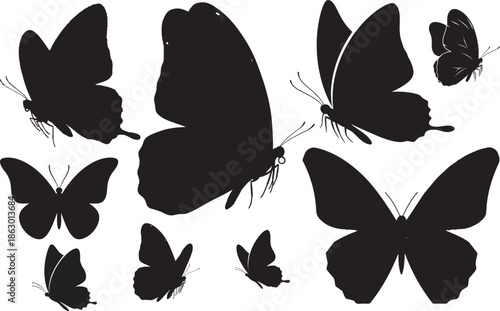 Silhouette of various butterfly shapes isolated on transparent background