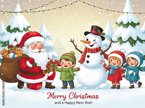 Merry christmas scene with santa claus and children with snowman in winter landscape with snow covered trees and string lights with holiday and festive