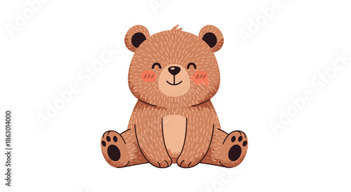 A charming and cute brown cartoon teddy bear with a happy face, rosy cheeks, and fuzzy texture, sitting comfortably.