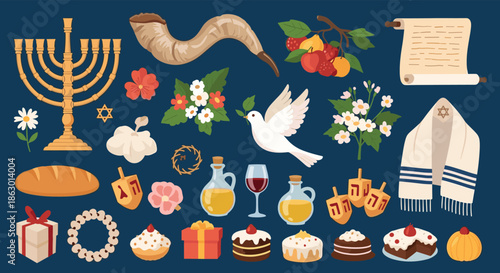 A vibrant collection of Jewish holiday and tradition symbols, including a menorah, shofar, Torah scroll, dreidels, and festive foods.