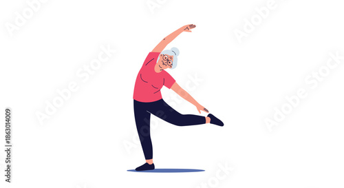 Happy senior woman in activewear performs a graceful side bend stretch, demonstrating flexibility and an active lifestyle.