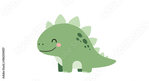 Adorable cartoon green dinosaur with a happy smile and distinct plates on its back, rendered on a white background.