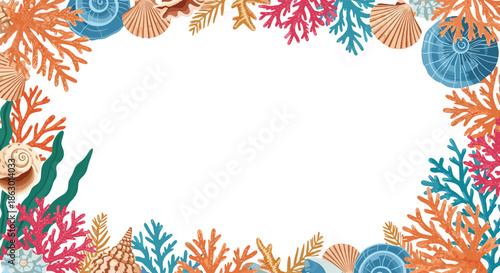Decorative ocean-inspired frame with coral, conch shells, and seaweed, offering a lively natural border on white.