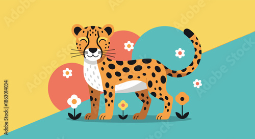 Happy cartoon cheetah with closed eyes smiling, standing amidst colorful stylized hills and small flowers in a cheerful nature scene.