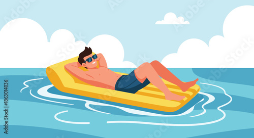Relaxed man enjoys a sunny day floating on a yellow inflatable raft in tranquil blue water with clouds overhead.