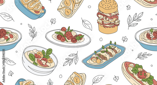 A charming hand-drawn seamless pattern featuring a variety of healthy and delicious food items on a white background.