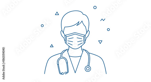 An illustration of a healthcare professional wearing a protective face mask and a stethoscope, symbolizing medical care and public health safety.
