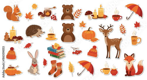 Illustrative set of autumn stickers with charming woodland creatures, seasonal produce, cozy essentials, and warm fall elements.