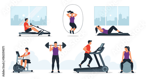 Diverse group of people actively engaging in various gym exercises, including cardio, strength training, and core workouts for a healthy lifestyle.