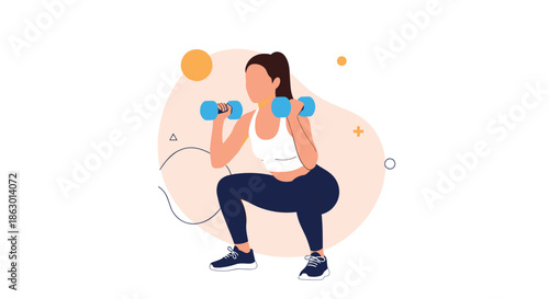 A woman in activewear performs a dumbbell squat as part of her fitness workout, emphasizing strength training and a healthy lifestyle.