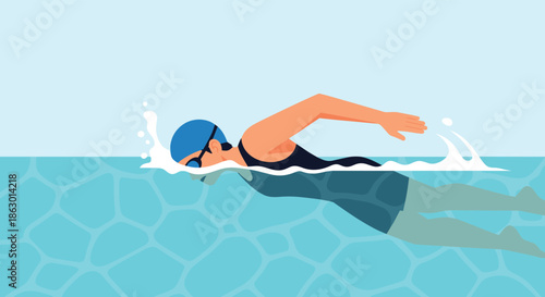 A woman wearing a blue swim cap and goggles swims freestyle in a blue swimming pool, creating splashes in the water.